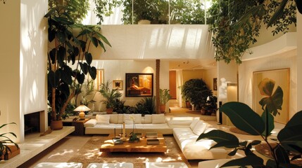 Poster - A beautifully designed living room by Luis Barragan, enclosed by lush greenery. The white walls and warm lighting create a cozy atmosphere, enhanced by modern furniture. 