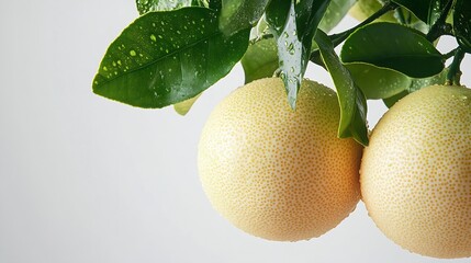 Poster - Pomelo fruit with green leaf on tree branch isolated on white background : Generative AI