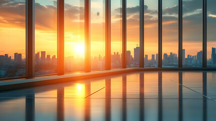 Wall Mural - A panoramic view of the cityscape through large windows with the sun setting in the background. The bright light reflects on the floor of an empty room.