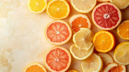 Poster - Creative layout made of grapefruit orange fruit and lemon on the beige background Food concept Macro concept : Generative AI