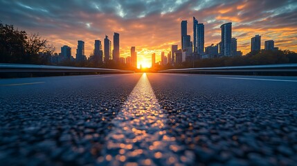 Aufkleber - asphalt road and bridge with city skyline at sunset : generative ai