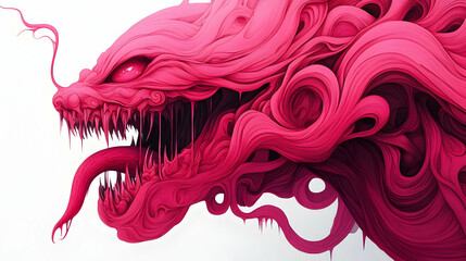 Wall Mural - A pink, abstract monster with sharp teeth, a long tongue, and dripping liquid.