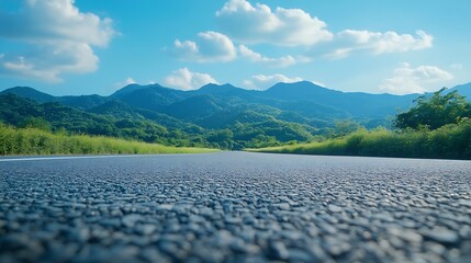 Canvas Print - Asphalt highway road and green forest with mountain natural landscape under blue sky : Generative AI