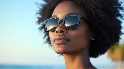 Woman wearing sunglasses reflecting ocean view, summer vacation concept, beach reflection, stylish eyewear, close-up portrait, sunny day, relaxed holiday mood, seaside fashion