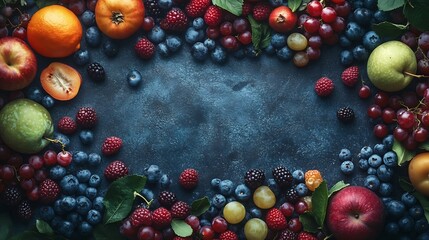 Aufkleber - Different ripe fruits and berries as background top view : Generative AI
