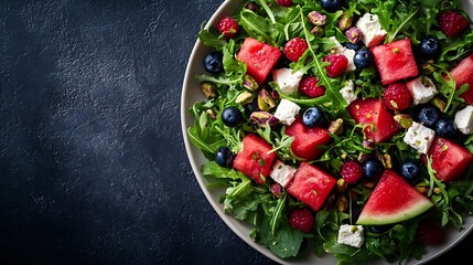 Aufkleber - Watermelon and feta cheese salad with blueberry raspberry pistachios and fresh greens top view : Generative AI
