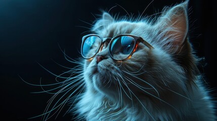 Fashionable White Furry Cat with Eyeglasses in Studio Neon Light: Luxurious Domestic Kitty Poses on Black Background