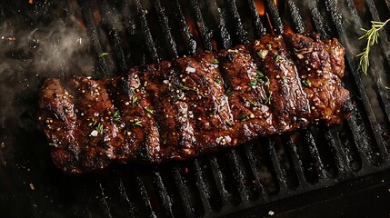 Poster - Homemade Cooked Skirt steak on a grill Dark background Top view : Generative AI
