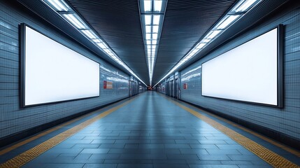 Poster - Two indoor outdoor city light mall shop template Blank billboard mock up in a subway station underground interior Urban light box inside advertisement metro airport vertical : Generative AI