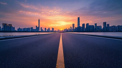 Aufkleber - asphalt road and city skyline with modern building at sunset in suzhou jiangsu province china high a