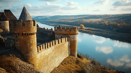 Khotyn fortress built in the 14th century View of top of the fortress wall and towers among the hills closeup on background of Dniester river and its left bank at early springtime Ukra : Generative AI