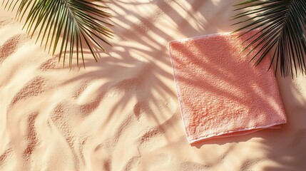 Aufkleber - Summer pastel background top view beach towel on sand shadow of palm leaf sunlight Summer beach day concept relaxation rest time Minimal design lifestyle background with empty space : Generative AI