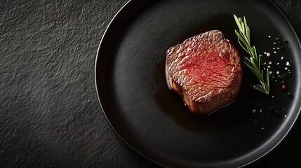 Poster - Beef Steak medium rare on a black plate Dark background Top view : Generative AI