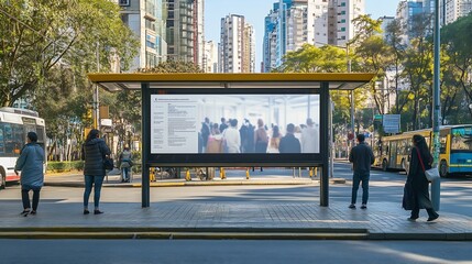 Poster - Digital Media blank advertising billboard in the bus stop  at avenue of Sao Paulo city Blank billboards public commercial with passengers signboard for product advertisement design : Generative AI