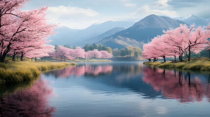 Wall Mural - A serene lake reflecting the pink blossoms of cherry trees in front of a mountain range.