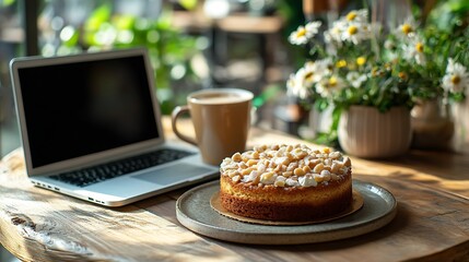 Poster - Photos of macadamia cake with chamomile tea on a coffee shop garden table with a notebook computer next to it : Generative AI