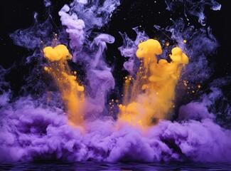 Poster - Explosive purple and yellow smoke with vibrant ink clouds on black.