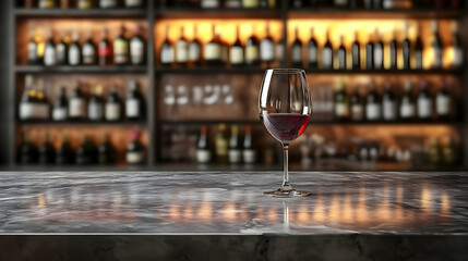 A single glass of red wine on a marble bar counter with a blurred background of shelves full of bottles.