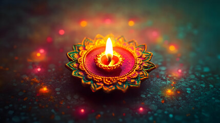 Canvas Print - A single lit diya with intricate designs sits on a dark teal surface surrounded by sparkling lights.