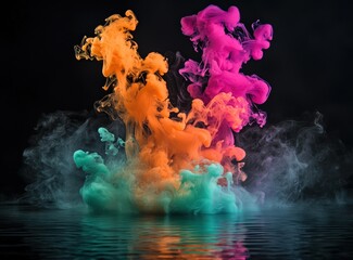 Poster - Abstract scene with magenta and cyan ink merging in water, vibrant smoke on black.