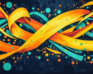 Poster - Navy blue graffiti with dynamic yellow ribbons, orange streams, and teal splashes.