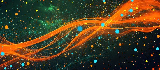 Poster - Green backdrop with dynamic orange stripes and blue points, yellow highlights.