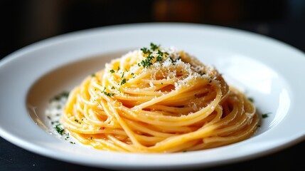 Wall Mural - spaghetti espaguete ao molho branco de queijos with white cheese sauce isolated on black background in white plate with selective focus : Generative AI