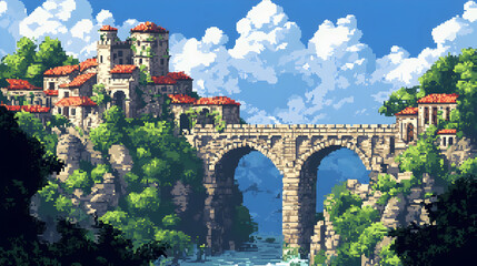 A stone bridge spanning a valley with a quaint village perched on a cliff in the background, under a bright blue sky with fluffy clouds.