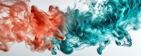 Poster - Coral and teal smoke swirl ethereally on a white artistic canvas.