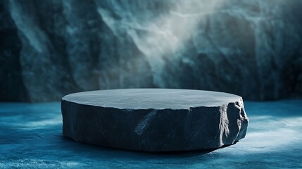 Aufkleber - Minimal style Luxury mockup for product presentation black stone podium on blue background with natural sunlight shadow banner front view stand stage for natural skin care and cosmetic : Generative AI