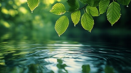 Poster - Green leaves on water surface Beautiful water ripple background for product presentation Copy space : Generative AI