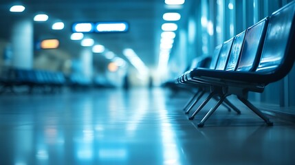 Poster - empty airport terminal waiting area with chairs blured background : Generative AI