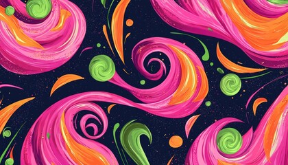 Poster - Navy canvas with pink swirls, green highlights, and orange abstract shapes.