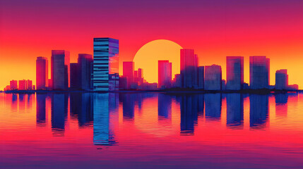 Poster - A vibrant cityscape silhouetted against a colorful sunset, reflected in the still waters of a lake.