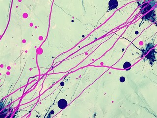 Poster - Dynamic purple lines and pink dots on light green, highlighted with blue splatters.