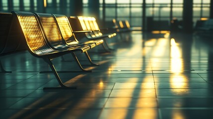 Poster - Empty airport seatings airport waiting chairs and grid tiles floor with light and shadow in the morning or evening : Generative AI
