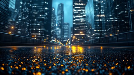 Poster - Asphalt road city glass buildings at night : Generative AI