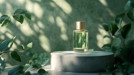 Poster - Podium of concrete green leaves glass bottle essential oil presentation of packaging cosmetics on green background : Generative AI