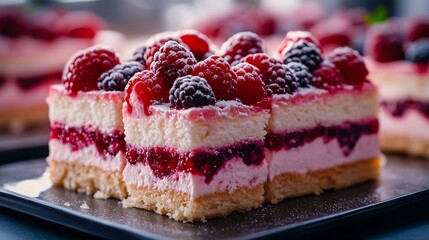 Poster - Berry sour cream cake cut into squares portion : Generative AI