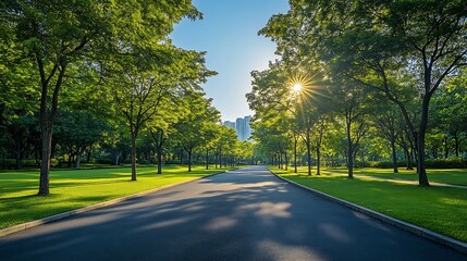 Poster - Empty street green city park with blue sky Pathway and beautiful trees track for running or walking and cycling relax in park on green grass field on the side Sunlight and flare backgr : Generative AI