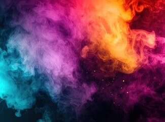 Poster - Abstract design with red and turquoise inks, explosive smoke in yellow and purple.