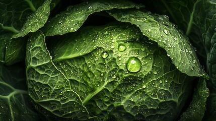 A green cabbage leaf in beautiful relief with a large dew drop on it Closeup : Generative AI