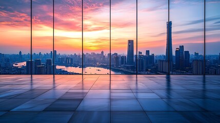 Leinwandbilder - Empty floor and city skyline with modern building at sunset in Suzhou Jiangsu Province China high angle view : Generative AI