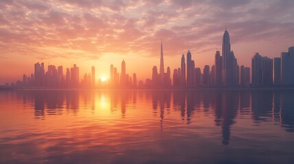 Wall Mural - Panoramic sunrise view of the downtown district skyline of Dubai UAE with Business Bay Skyscrapers : Generative AI