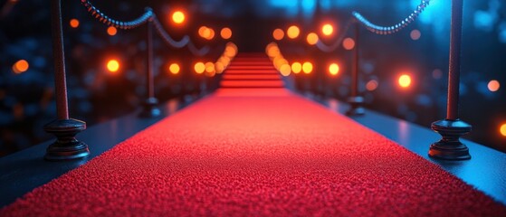 Red Carpet with Golden Lights and Black Stanchions