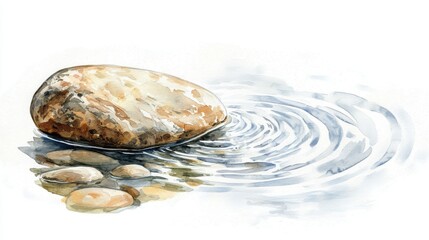 Wall Mural - Serene watercolor illustration of a smooth rock in calm water, creating gentle ripples, perfect for nature-inspired designs.