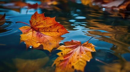 Wall Mural - Close-up of colorful leaves in the water