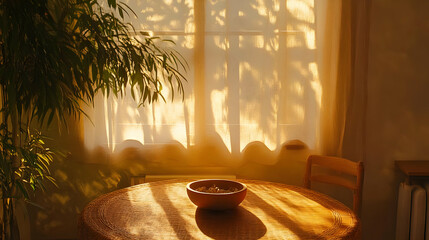 Wall Mural - A wooden table and chair sit in a room with a window that is covered with a sheer curtain that casts shadows on the table.