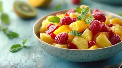 Aufkleber - Tasty fruit salad in bowl and ingredients on light blue wooden table closeup : Generative AI