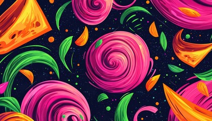 Poster - Vibrant swirls and accents in pink and green on navy with orange elements.